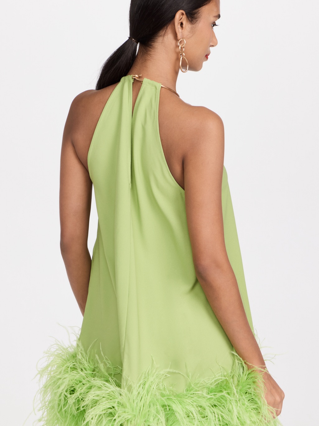 Cult Gaia Reeves Silk Dress In Lime Green Feather-Trim Halter Mini Dress — image 5 of 8